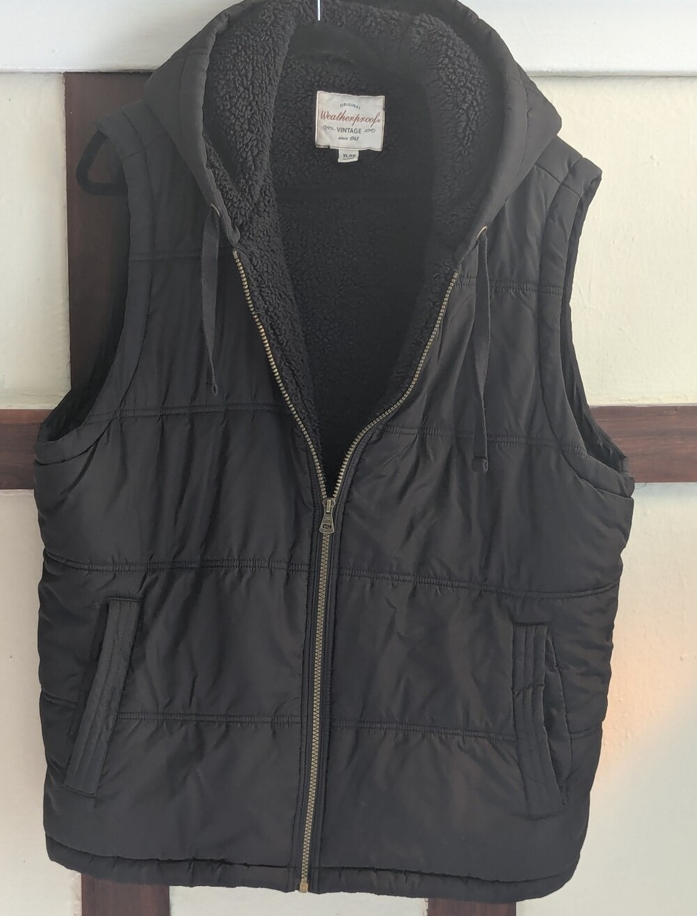 Weatherproof Unisex Black Hooded Sherpa-Lined Puffer Vest